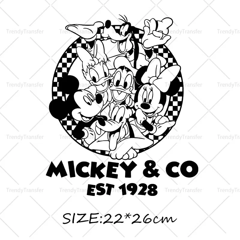 Monochromatic drawing Mickey Minnie Iron on Transfers Heat Press Decals for Clothes Patches on Tshirts