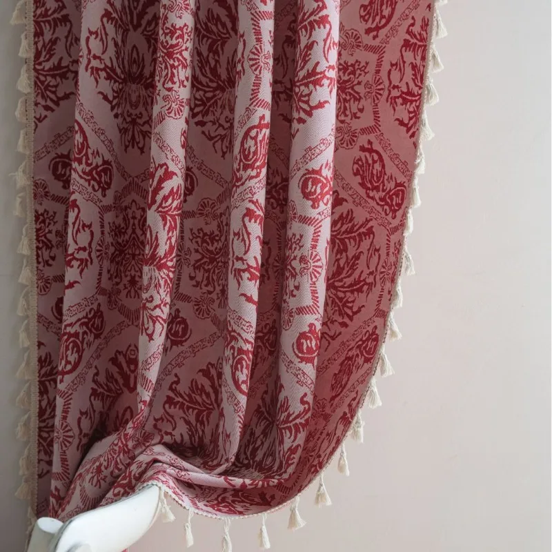 French Curtains Retro Style Jacquard Red Tassel Semi-blackout Curtains for Living Dining Room Bedroom European Elegant Drapes
