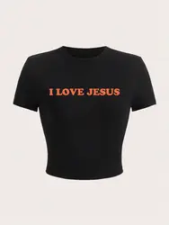 I Love Jesus Letter Printing Crop T-Shirt Sexy Summer Women'S Short Sleeve Comfortable Breathable Soft Stretch Female Clothes