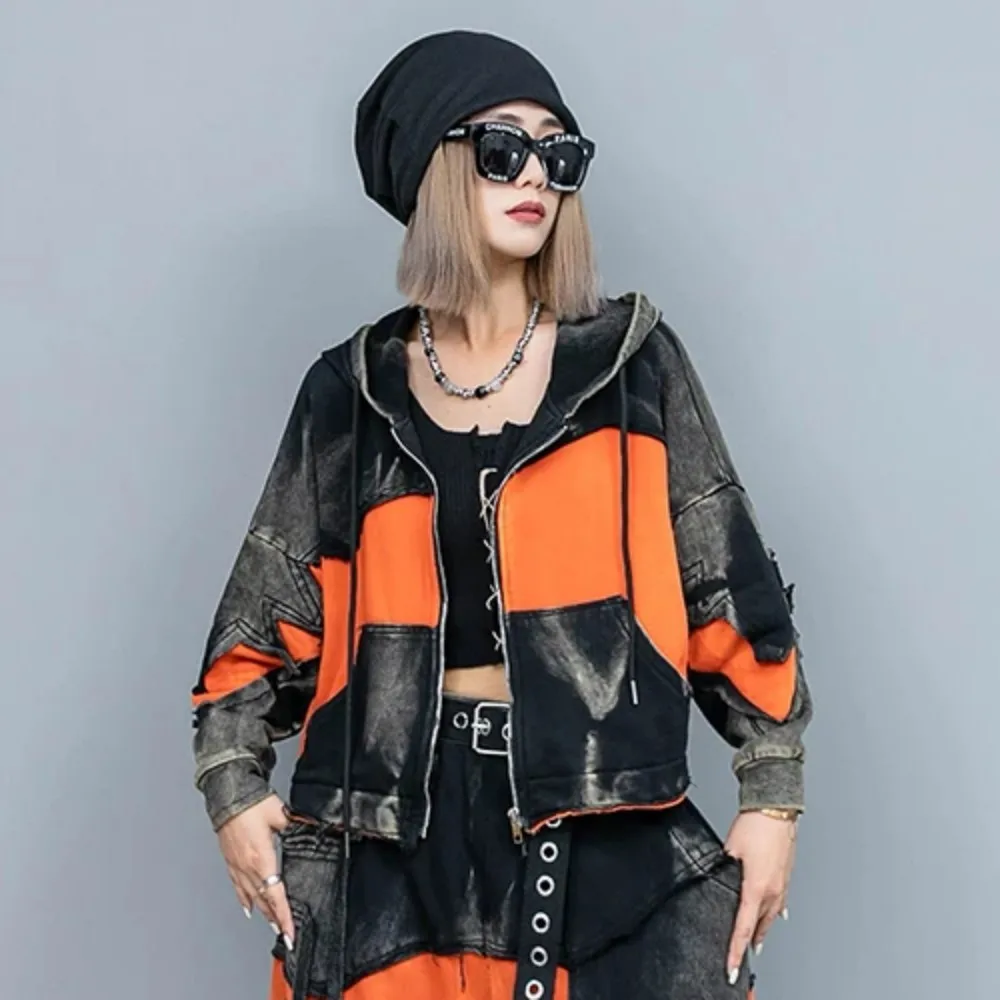 

Personalized Contrasting Color Hooded Sweatshirt Women 2024 Spring Autumn Vintage Black Orange Coat LX1185