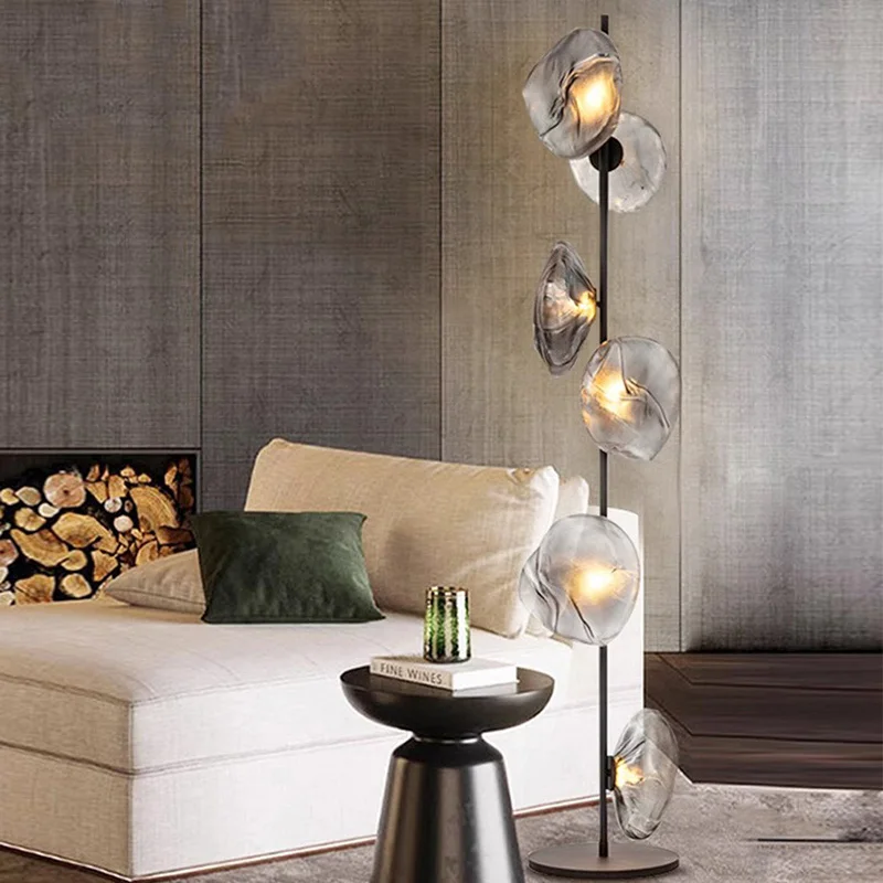Designer light luxury smoky grey glass floor lamp, suitable for restaurant and living room decoration, with a metallic lustre