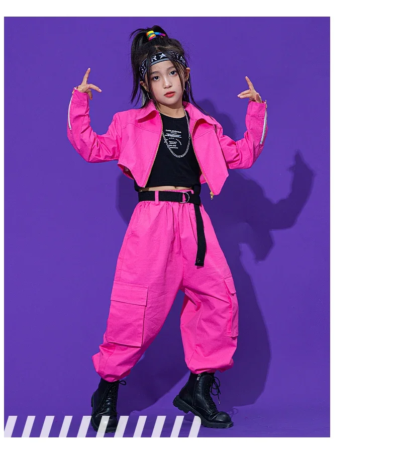 Traje de Kpop para niños, abrigo de herramientas, pantalones Cargo, conjunto de actuación de Hip Hop, Ropa de baile rosa para niñas, grupo de conciertos