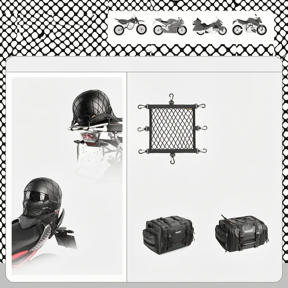 Motorcycle Helmet Holder Net, 8 Metal & Plastic Hooks, Motorbike Luggage Mesh Net, Storage Trunk Bag Accessories