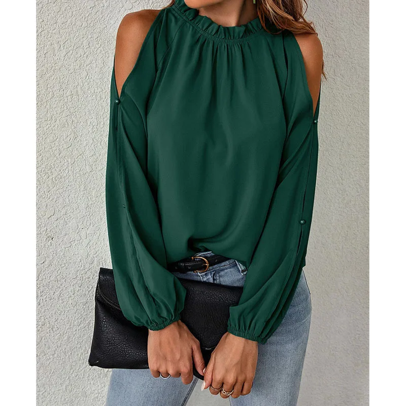 Women\'s Clothing Ruffled Neck Off Shoulder Tops Autumn Winter New Office Lady Long Sleeve Stylish Commute Solid Color T-shirt