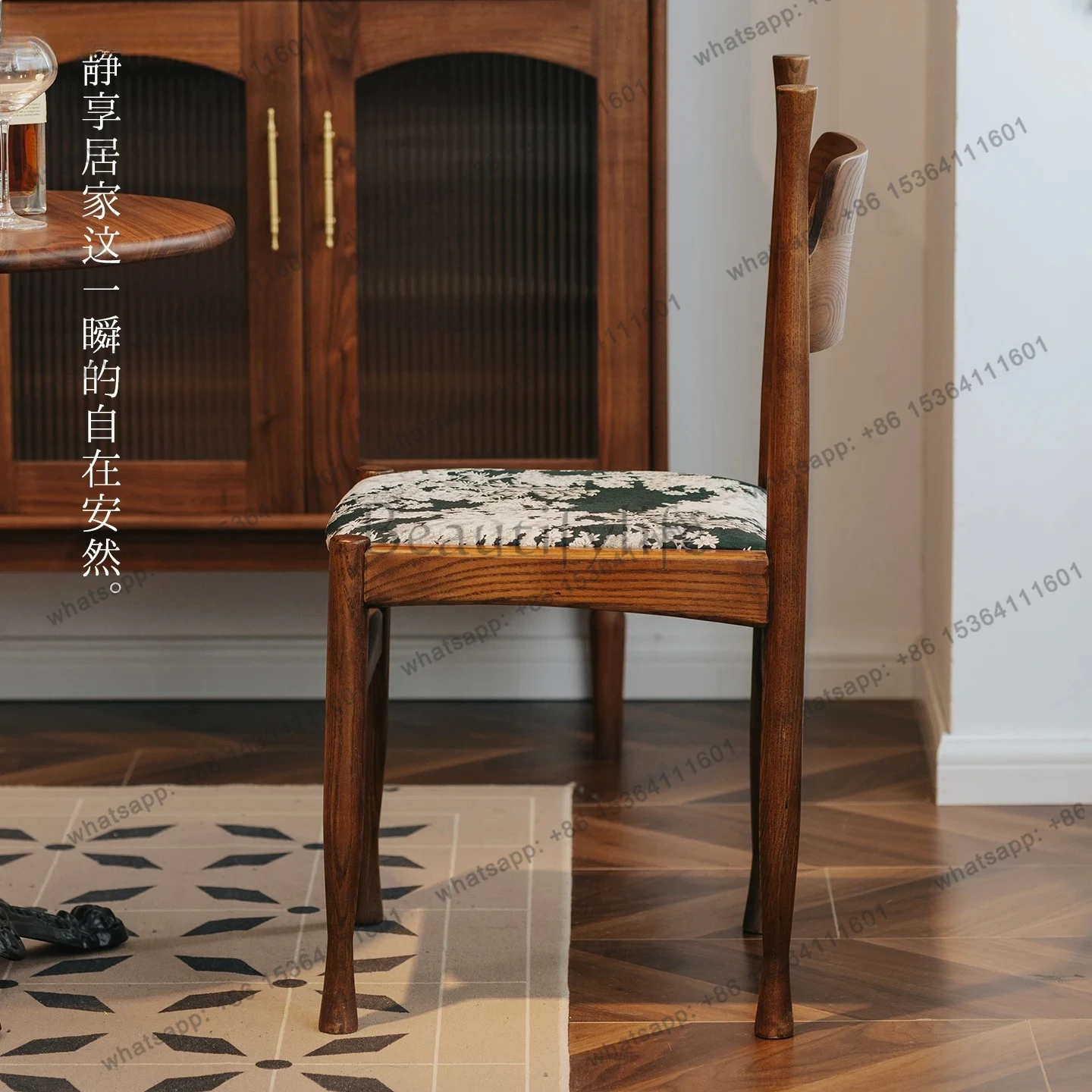 Solid Wood Dining Chair Home Backrest Dressing Chair Vintage Upholstered Chair