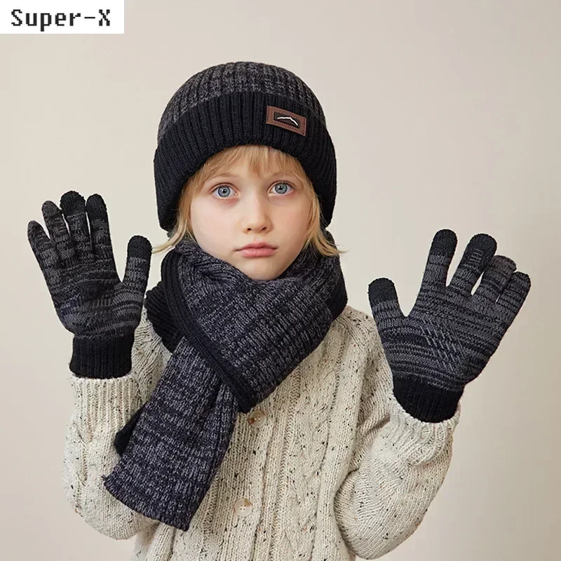 Set 3pcs 2pcs Children Winter Hat Scarf Gloves Boys Beanies Long Scarves Thick Plush Fleece Lined Winter Cap Kids Outdoor