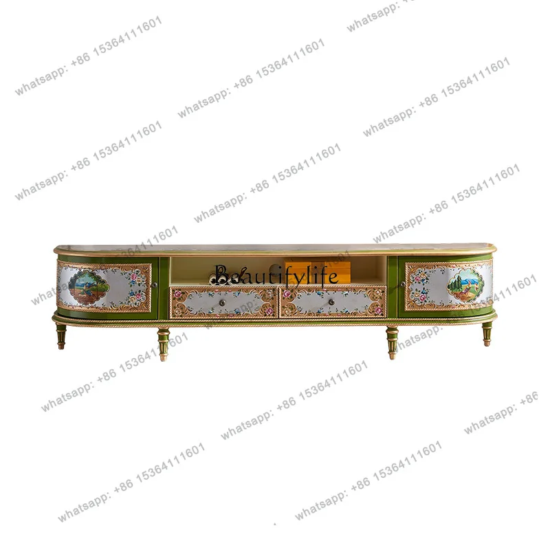 

56European TV cabinet coffee table combination American solid wood carving flower painted villa