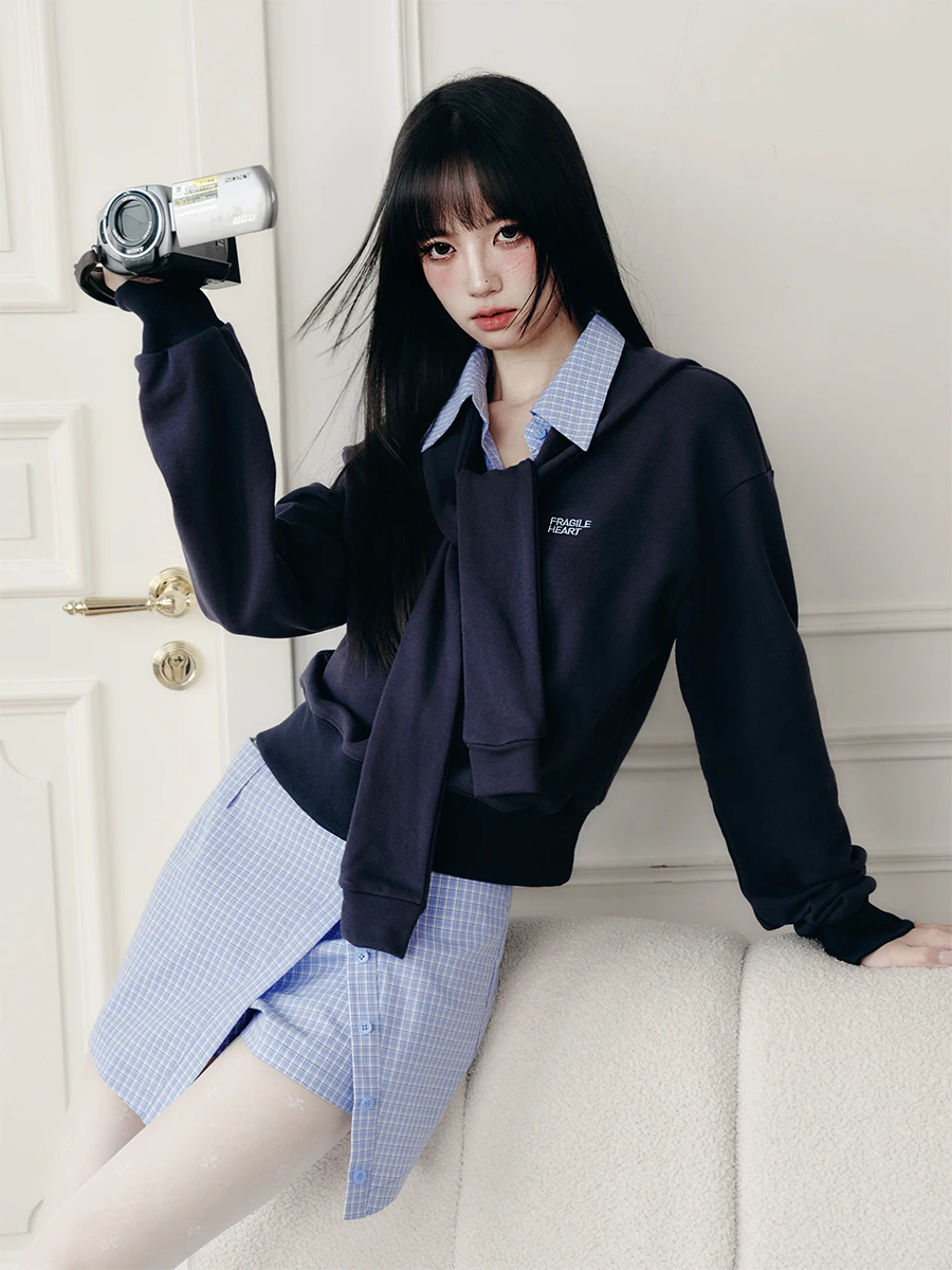 Korean Style Pure Cotton Sweatshirt And Short Skirt Two-Piece Set Fragile Heart Blue Mood Moment Casual Date Fashion Ensemble