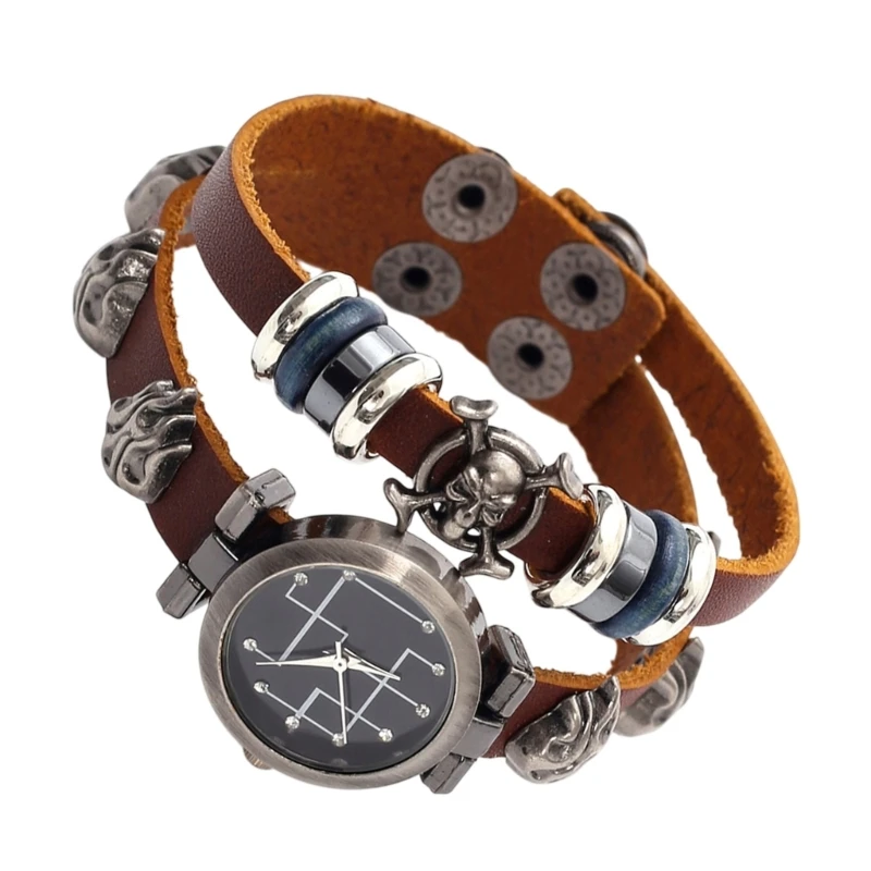 Unique Steampunk Inspired Leather Watch Bangle Bracelet With Skeleton Ornament For Alternative Lovers E0BF