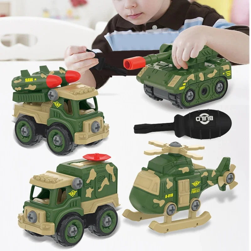 Juego de juguetes desmontables de coche de ingeniería para niños, tanque militar de motocicleta, bloques de atornillar, regalo de coche DIY