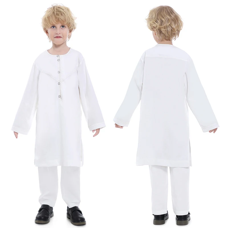 Terno muçulmano para crianças, robe infantil, menino, o pescoço, manga comprida, camisa de cor lisa, kaftan abaya, juba thobe, roupa islâmica, conjunto de 2 peças