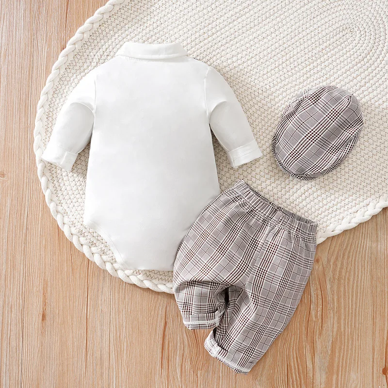 Newborn Clothes Checkered Gentleman Soft Boy And Girl Springand Autumn Long Sleeved Baby Triangle Jumpsuit+Pants+Hat 3-Piece Set