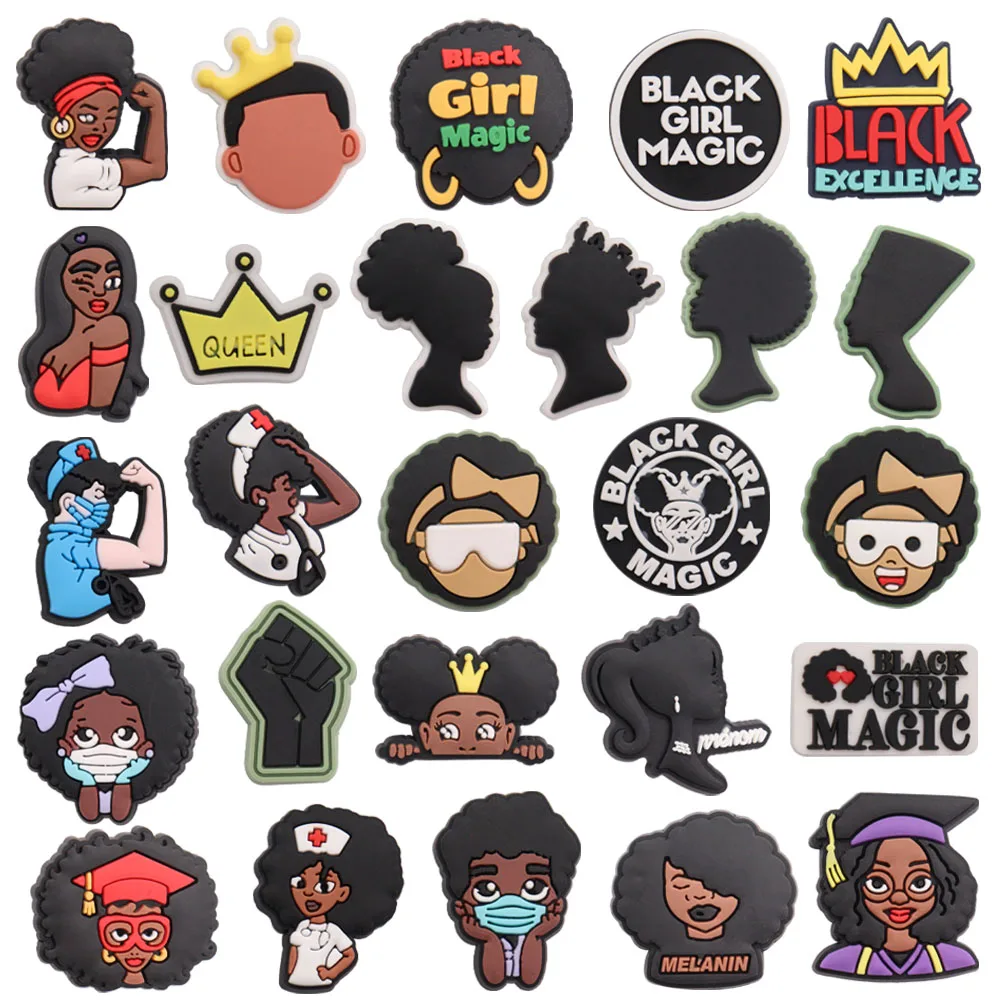 Breloques de chaussures en PVC pour fille noire, 1 à 100 pièces, Excellence magique reine mélanine pour femme, sabot à boucle, bracelets adaptés, décoration de pantoufle à trous