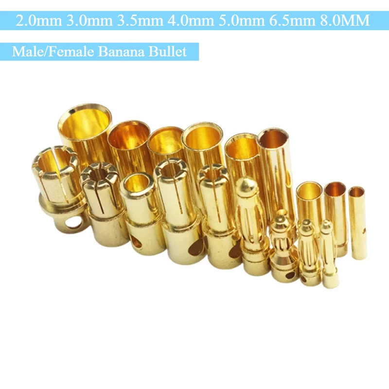 Bala Banana macho/hembra, 10 par/lote, 2,0mm, 3,0mm, 3,5mm, 4,0mm, 5,0mm, 6,5mm, 8,0 MM, conector, adaptador chapado en oro, expansión