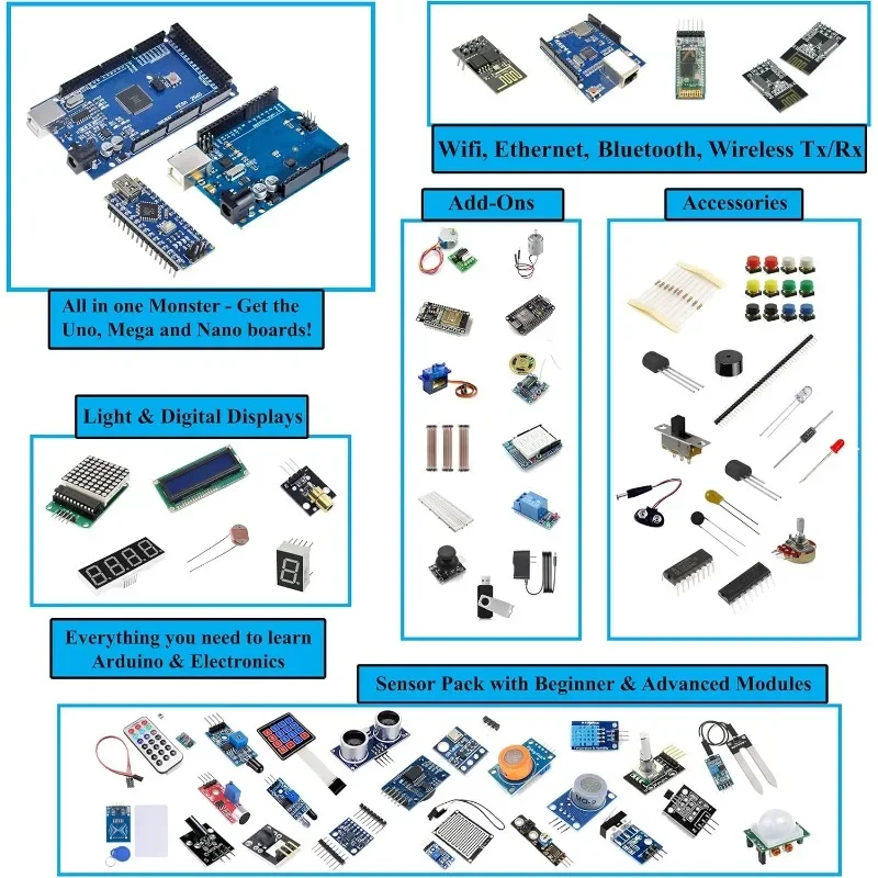 جديد، مجموعة مونستر ستارتر لـ Arduino Uno Mega Nano، مجموعة كاملة متقدمة، ESP32، ESP8266، 25 وحدة استشعار