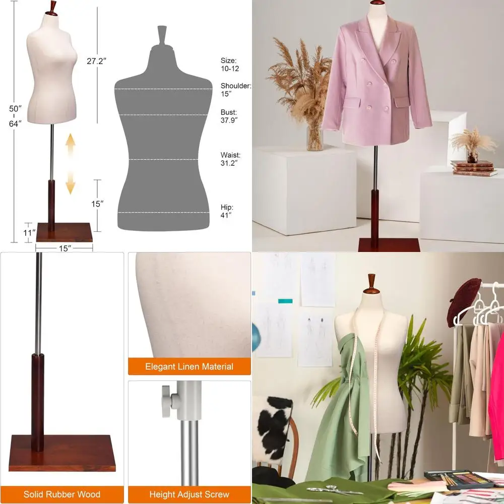 

Adjustable Wooden Stand Female Dress Form, Pinnable Mannequin for Clothing Design (White, Size 10-12)