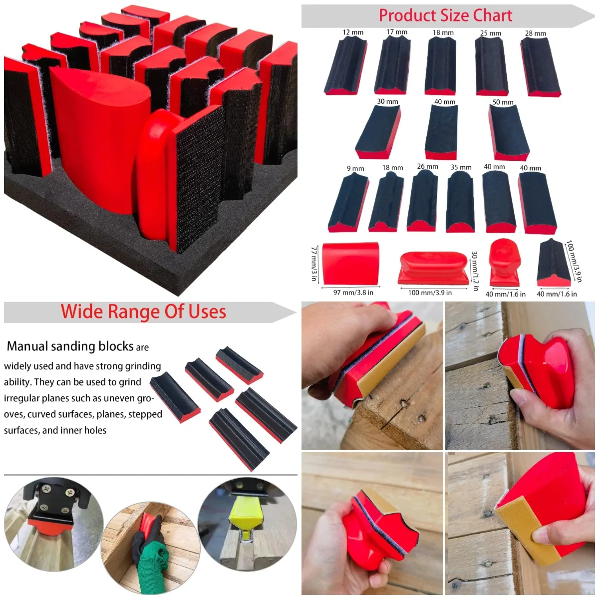 

16-Piece Contoured Sanding Blocks Set with Hook & Loop, Convex & Concave Shapes for Woodworking, Paint, Crafts