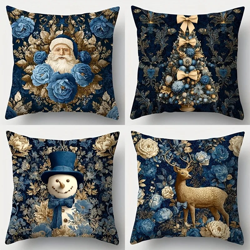 4pcs Retro Blue Christmas Pillow Covers – Santa, Snowman & Reindeer Print, Festive Decor for Living Room Sofa