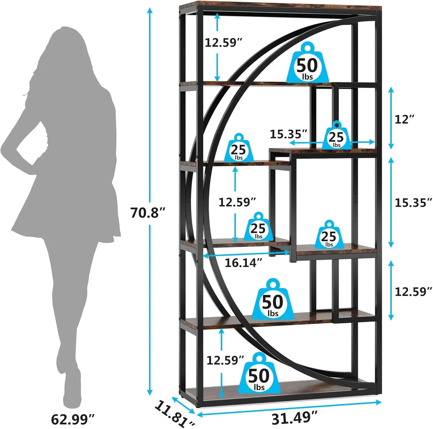 5-Tier Etagere Bookcase, 70.8 inch Tall Bookshelf with 8 Open Storage Shelf, Book Shelf Display Tack Shelving Unit for Home Offi