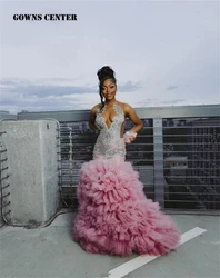New In Pink Ruched Train Prom Dresses Silver Diamond Crystal Black Girl Pageant Birthday Dress Evening Formal Dress Customized