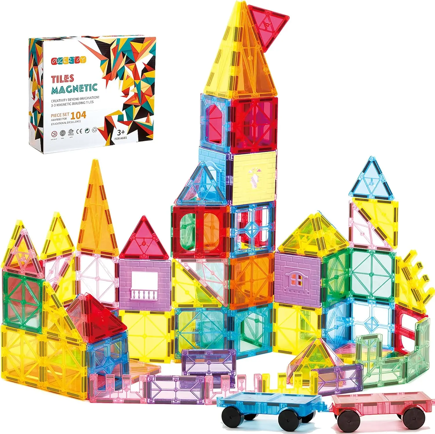 104PCS Magnetic Tiles STEM Building Blocks for Kids Ages 3-9, Educational Stacking Toys with Car Bases, Creative Construction Gift