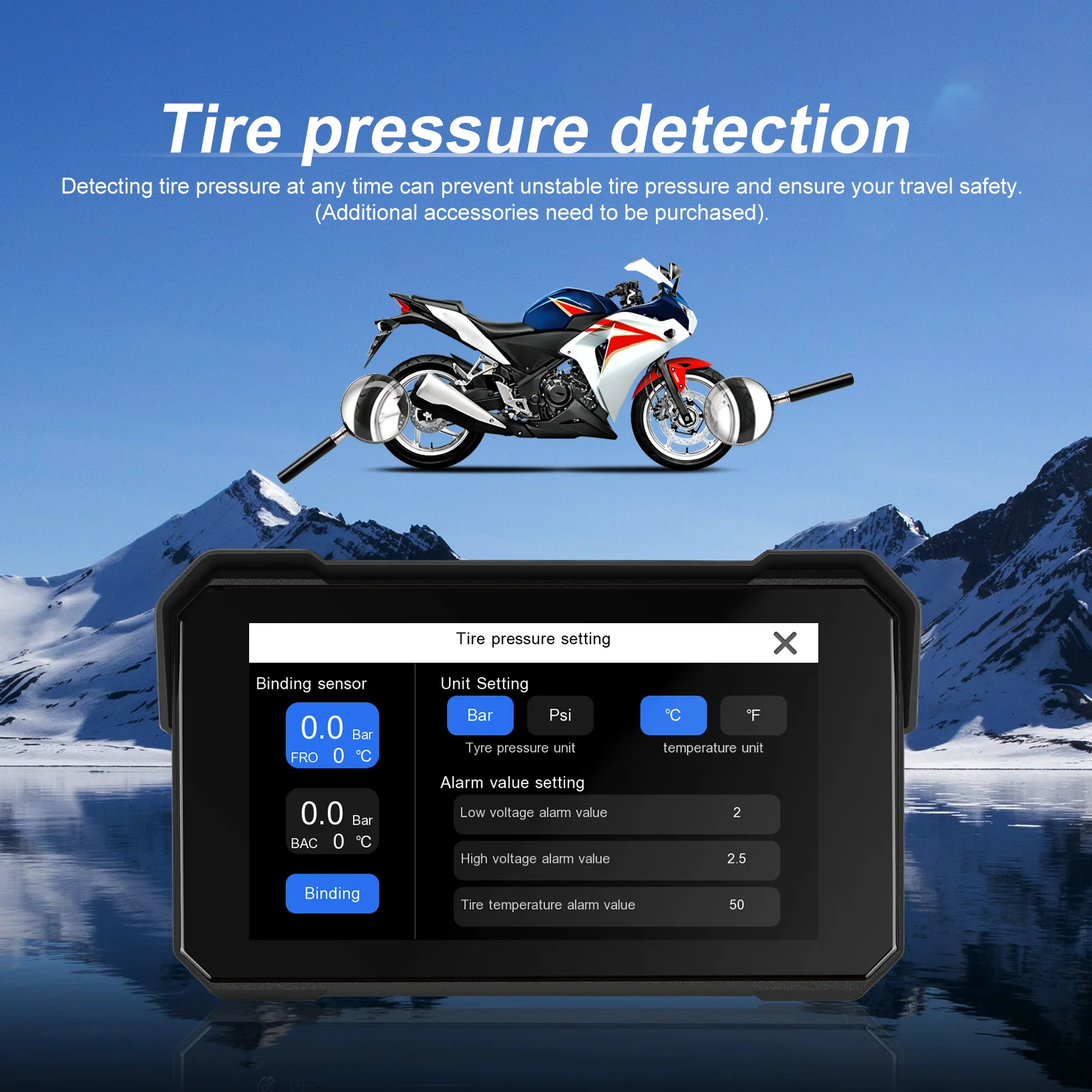 Podofo 5 Zoll Carplay Motorrad-Armaturenbrett Universeller Smart-Player Android Tragbarer Auto-Monitor IP68 Wasserdichtes Reifendruck-Überwachungssystem – Detail 3