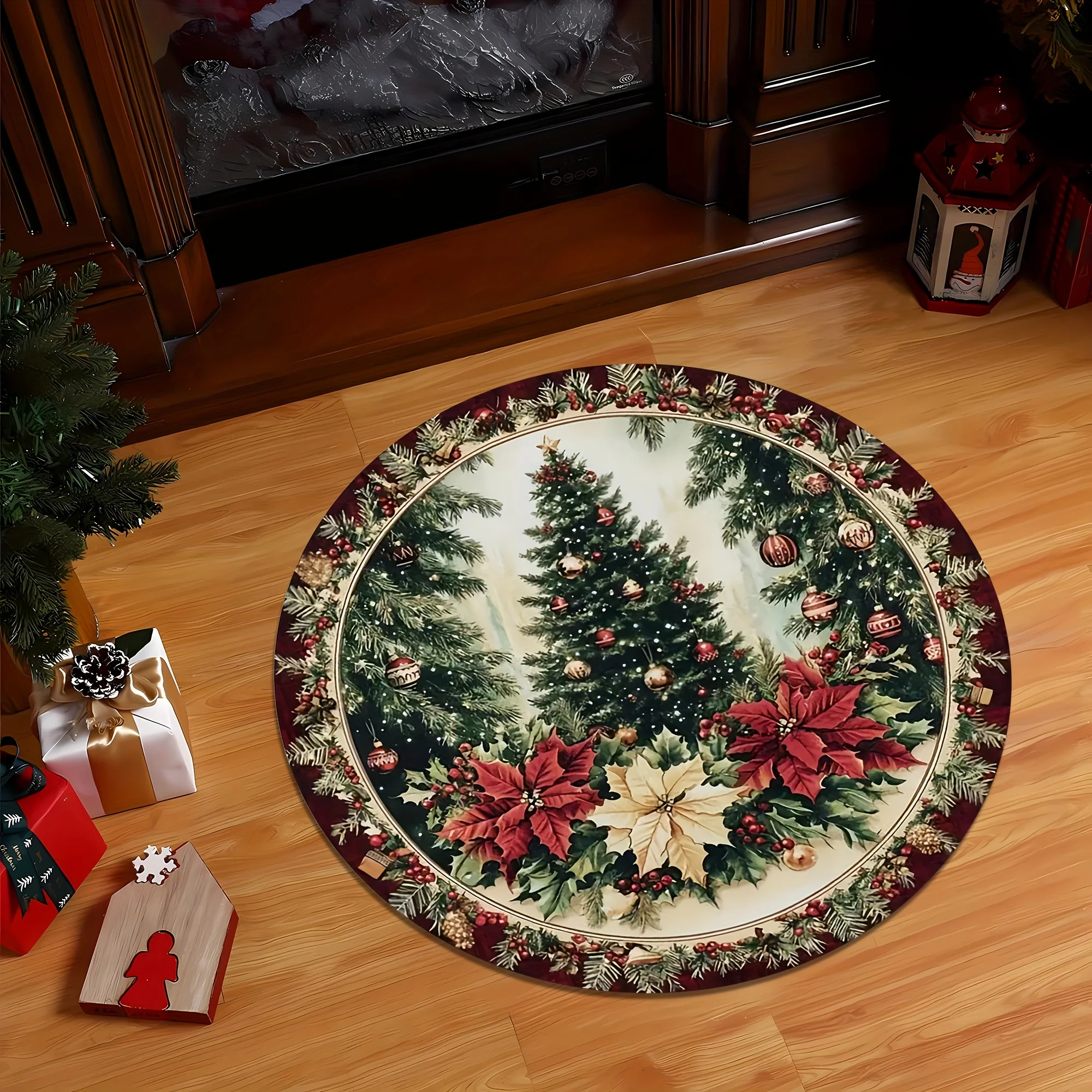 Forest Christmas Tree Berry Wreath Round Rug For Cozy Living Room Nature Inspired Design Soft Non Slip Floor Mat