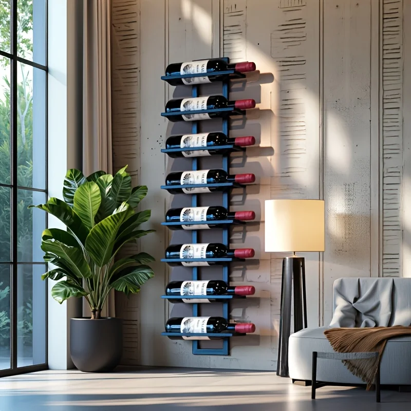 Estante para vinos de metal para montar en la pared, de 8 piezas - Soporte para botellas de vino de hierro resistente con marco negro moderno y función de almacenamiento de vino - Sp