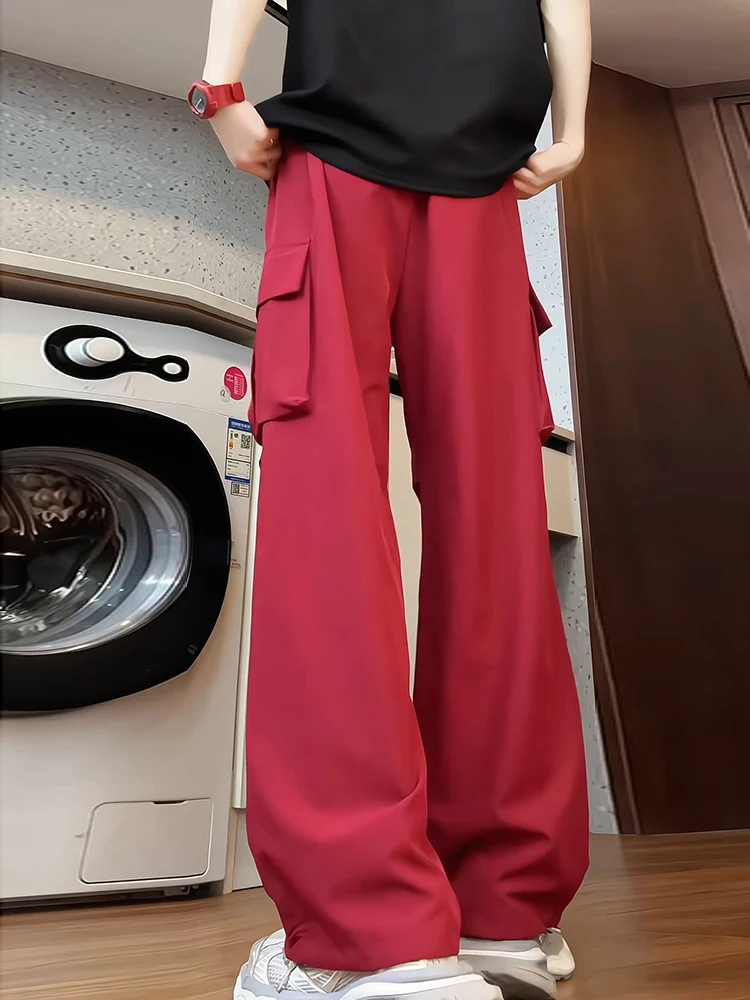 

Qui Dry Work Trousers in Wine Red for Men Summer Large ket American Ice Silk Straight Leg Drop Crotch Paratrooper Pants