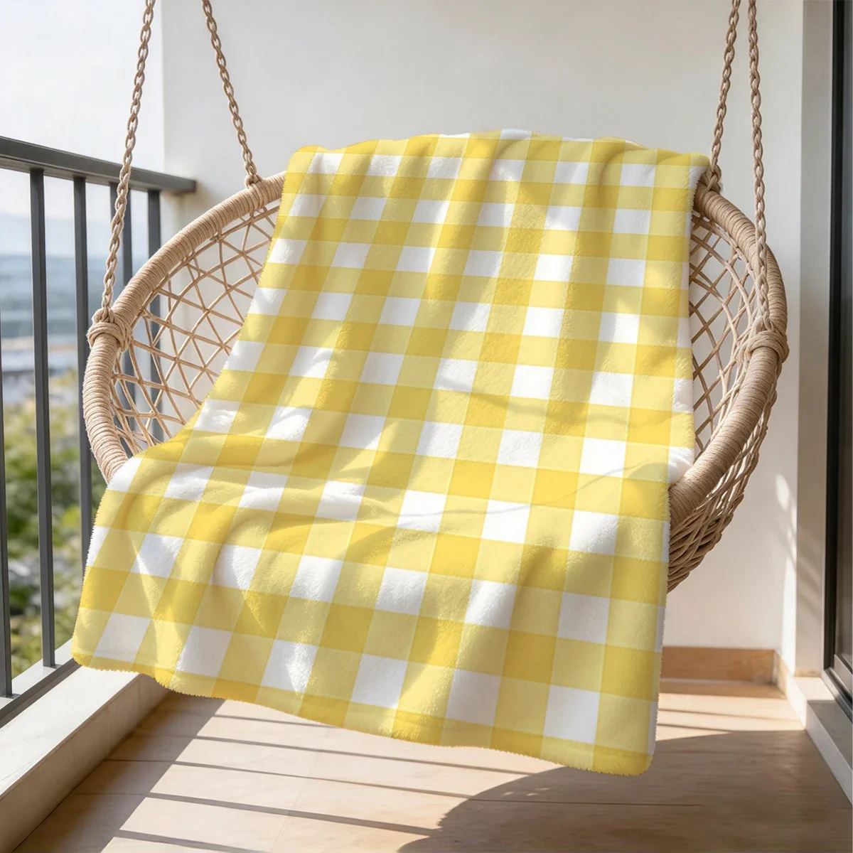 Chunky Yellow and White Gingham Picnic Blanket Throw Cozy Outdoor Patio Beach Day Cover