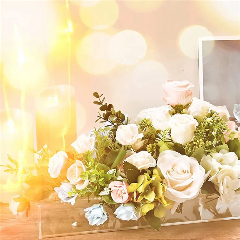 ABMO Clear Acrylic Flower Vase Rectangular Floral Centerpiece For Dining Table 9.8 Inch Long Rectangle Decorative Modern Vase
