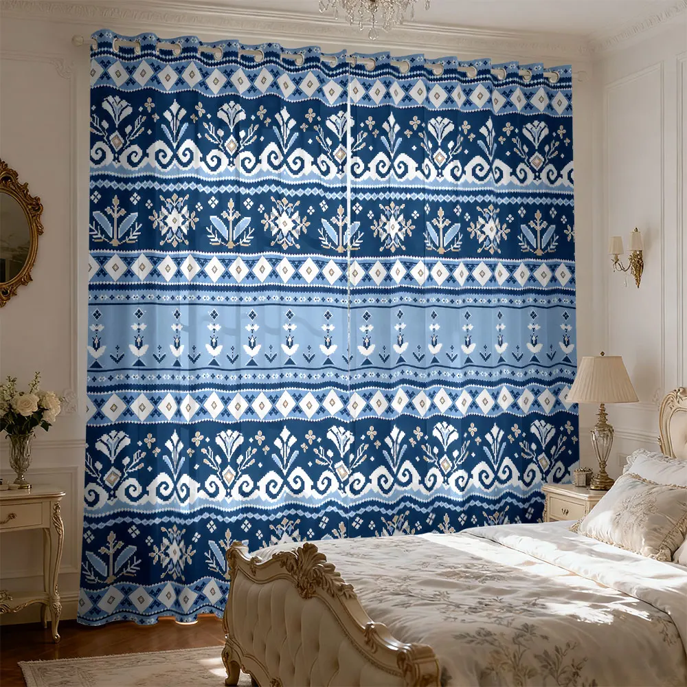 2pcs blue white retro ethnic-style geometric floral patterns for living room and bedroom used for shading and privacy decorat