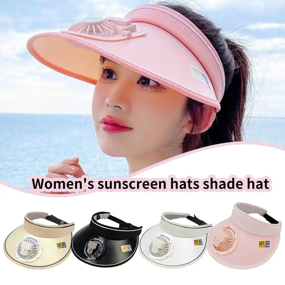 Cappello a ventaglio con protezione solare estiva regolabile cappello a tesa ricaricabile cappello a tesa grande da sole all'aperto ventilatore vuoto da donna Seaside Travel H D5D8