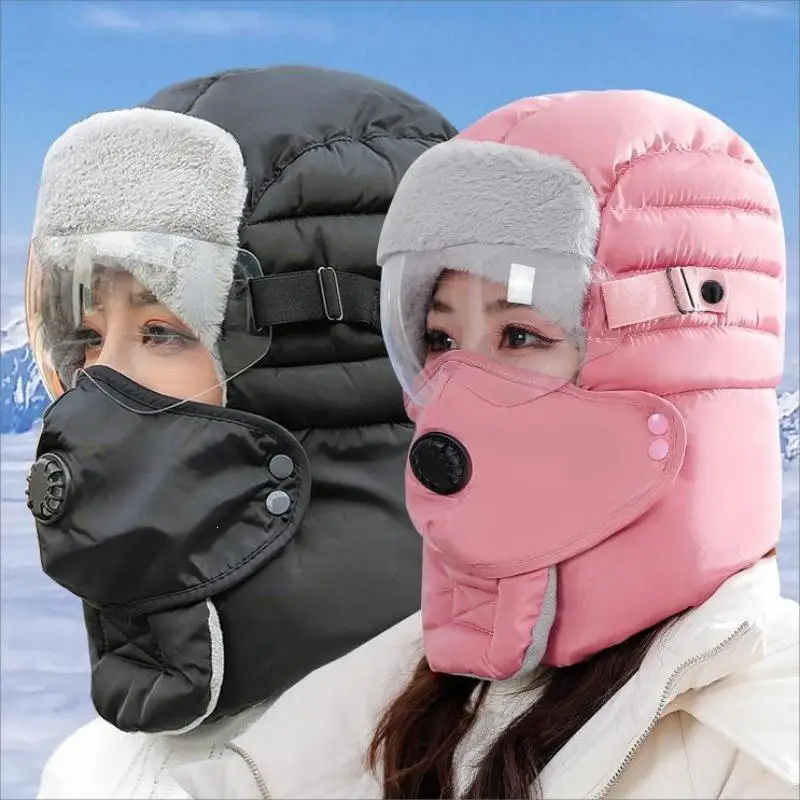 Unisex Winter Warm Face Cover Hat Windproof Thickened Ear Neck Protection with Clear Goggles for Skiing Cycling Commute