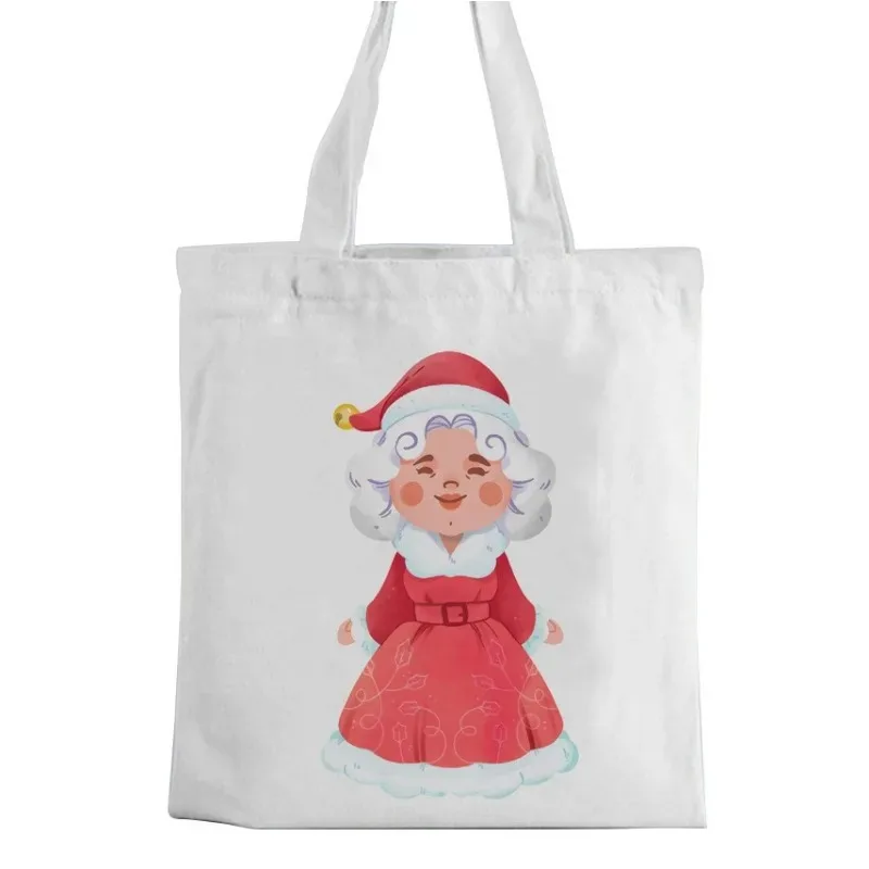 

Christmas Watercolor Print Canvas Tote Bags Mrs. Claus Envelope Knitted Hat Plaid Mitten Patterns Casual Shopping Handbag