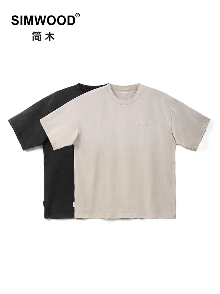 

SIMWOOD Summer New Super Loose Ripped Neck T-shirts Men 320gsm 100% Cotton Fabric Vintage Tops