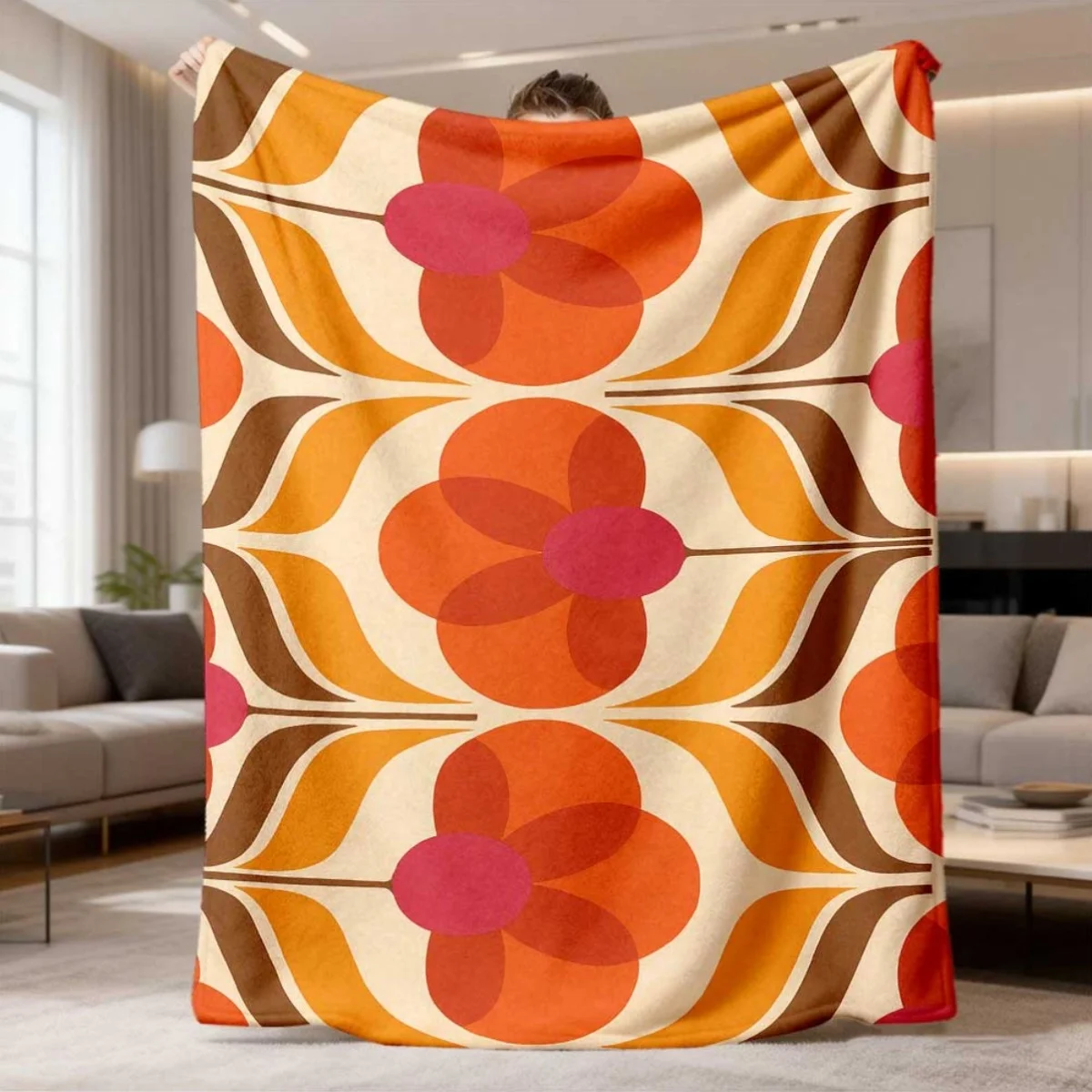 Retro Mid Century Orange Red Geometric Floral Repeat Print Flannel Blanket Soft for Living Room Vintage Home Warm Decor Gift