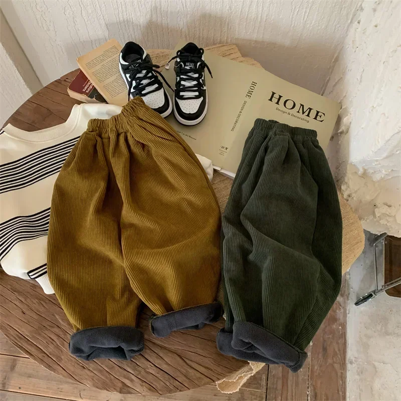 Girls Pants Thickened Velvet Corduroy Casual Pants Winter New Boys and Girls Warm Pants Children Korean Simple Style Trousers