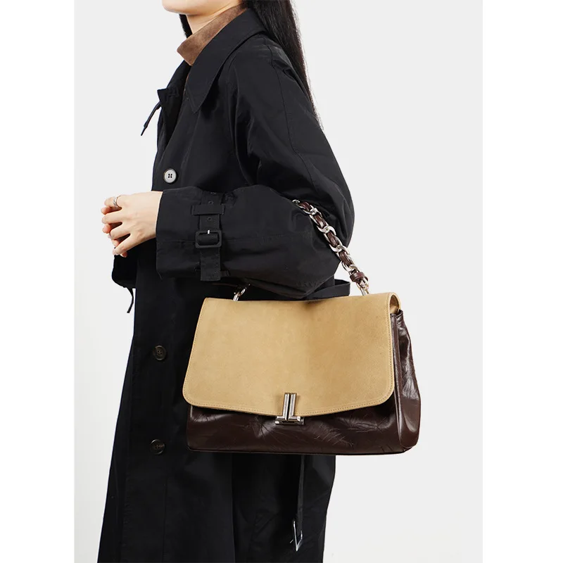New Retro Colour-Blocked Genuine Leather Shoulder Bag Fashion Women Bag Large-Capacity Suede Leather Crossbody Bag F9664