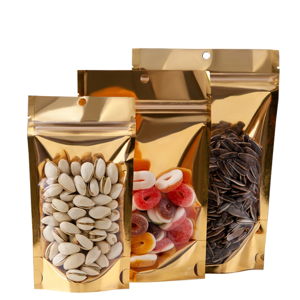 

Reclosable Transparent/Gold Aluminum Foil Zipper Pouches Package Food Candy Wrapping Mylar Foil Packing Bag