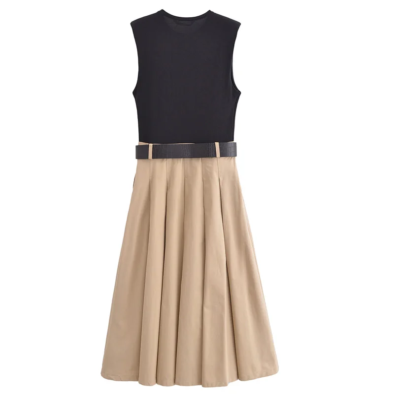 HXAO 2025 sukienki damskie bez rękawów Patchwork damskie eleganckie sukienki letni pasek długa sukienka damska plisowana sukienka Midi Tank