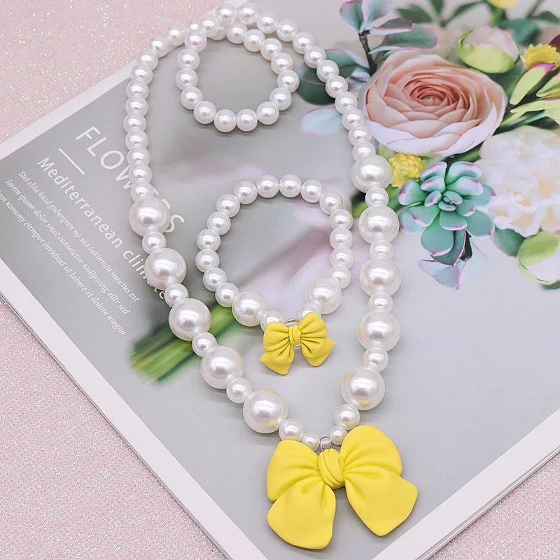 Children's Cute Bow Pearl Necklace Bracelet Earrings Set