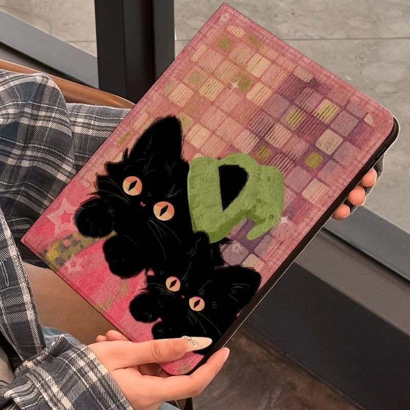 Cute Pink Grid Black Cat IPad Flip Case for IPad Air7 8/9th 10.2in 10th 10.9 Air4/5/6 11in Full Wrap Shockproof Protective Cover