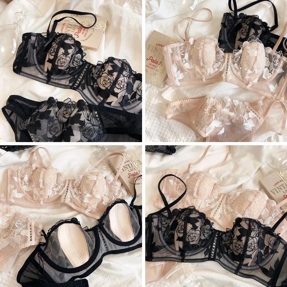 

French Lace Bunny Ears Strapless Bra Set with Fishbone Tube Top, Half Cup Push Up Lingerie for Women