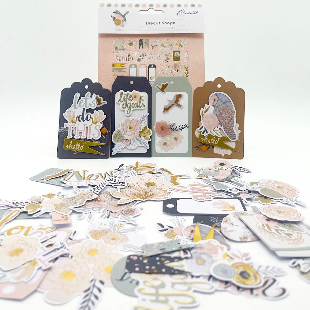 Creative Path 118pcs New Beginning Scrapbooking Die Cuts Gold Foil Bird Flower Paper Diecuts Ephemera For Crafting Journaling