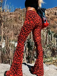New High Waist Leopard Print Flare Pants Women's Stretchy Casual Streetwear Tummy Control Bootcut Trousers Elastic Waistband