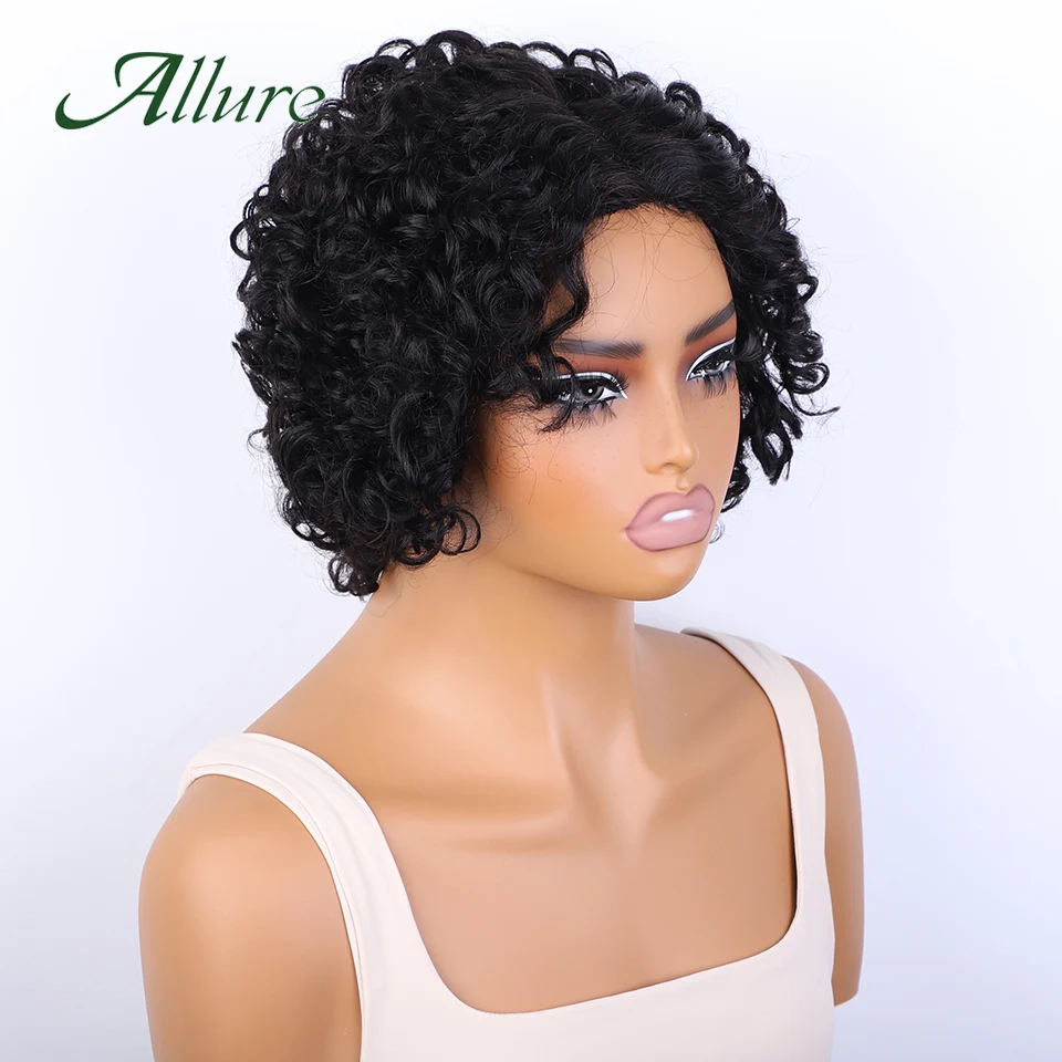 

Pixies Cut Short Hair Bob Wig Brazilian Human Hair Lace Wigs For Women 8 inch Jerry Curly Natural Black Colored Hair Wig Allure