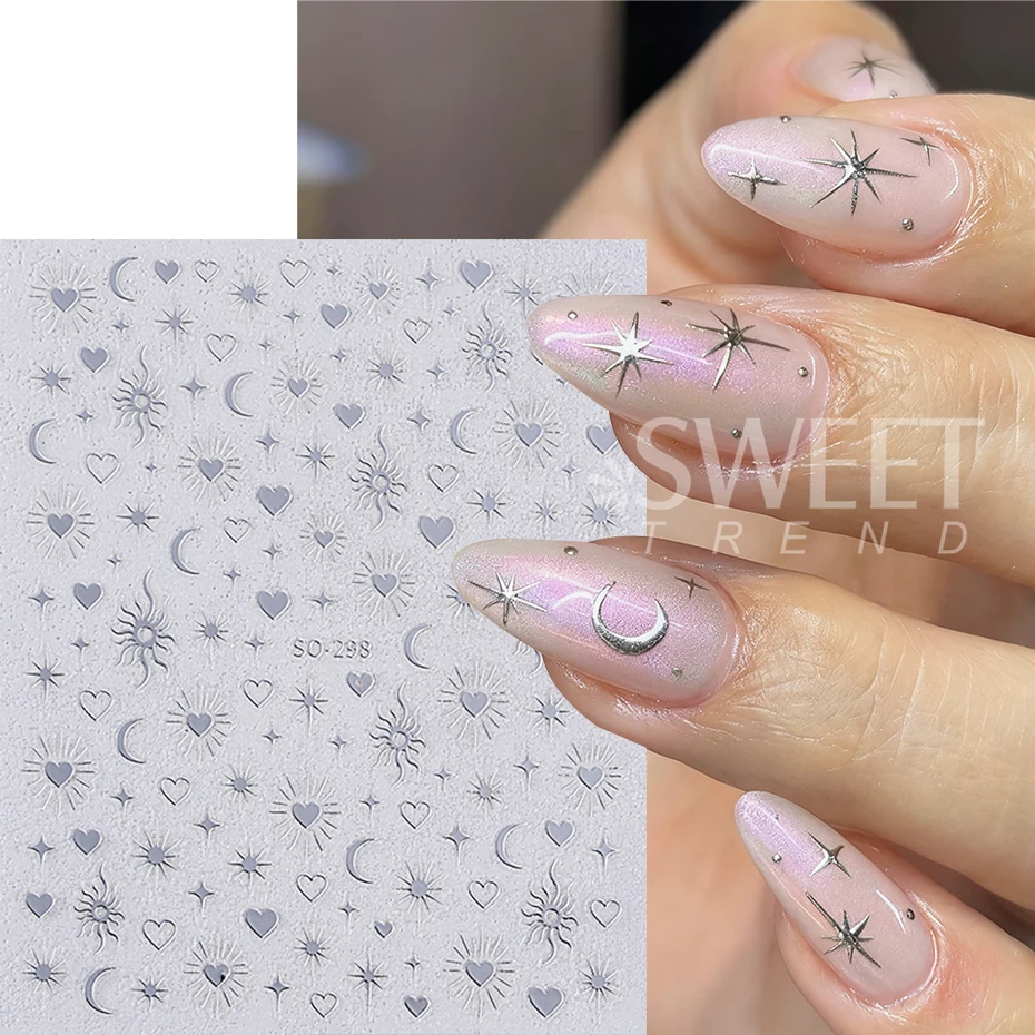 6pcs Bohemian Style Nail Stickers Silver Black Gold Laser Star Moon Heart Shape Design Nail Decal DIY Manicure Slider Decoration