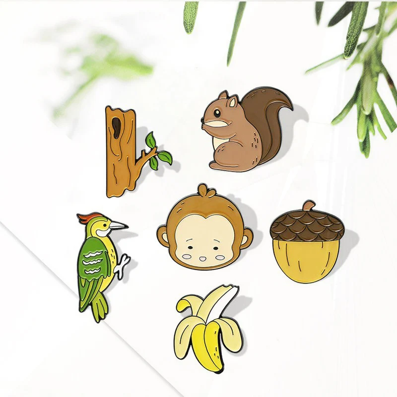 Emblema de lapela esmaltada para criança, pinheiros, pica-pau, alfinete, bolsa de jóias, broche de floresta, macaco, banana, esquilo, presente para amigo