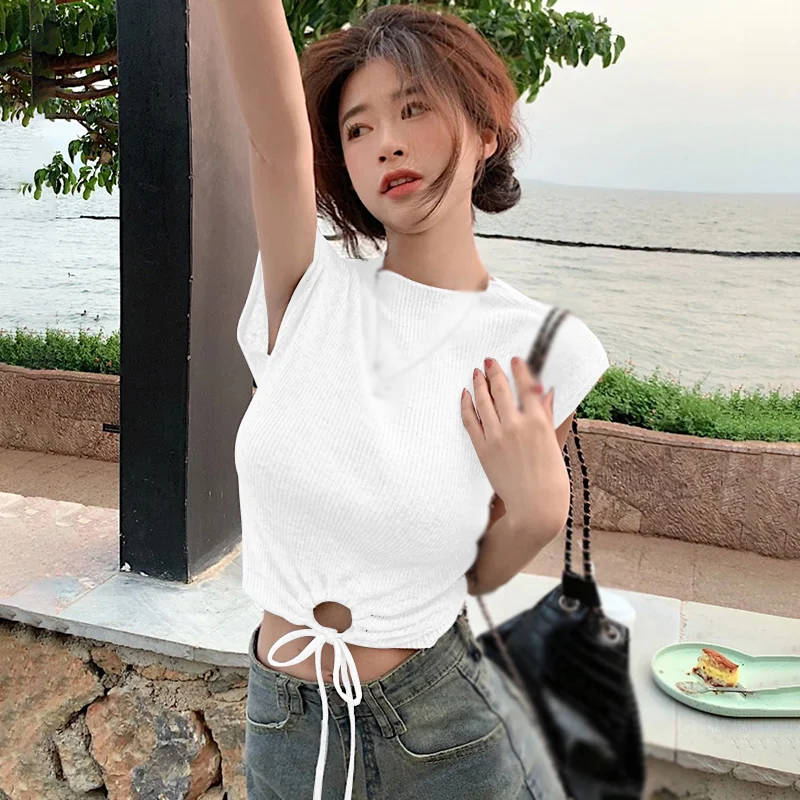 Summer Women Tops Solid Color Knitted Short-Sleeved T-Shirt Round Neck Hollowed-Out Lacing Slim Fashion Casual Knitted Top